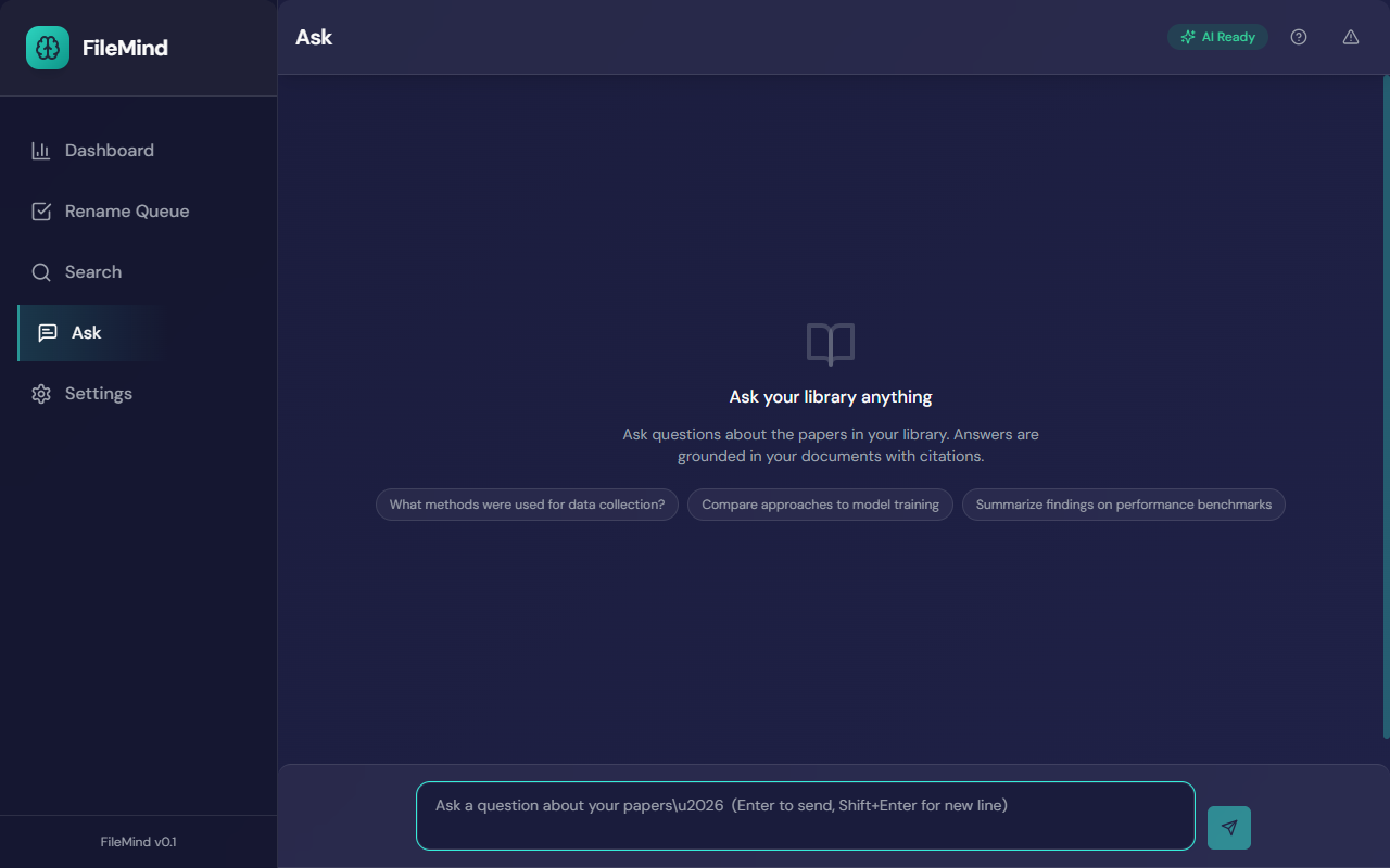 Ask My Library — Chat Interface — FileMind app screenshot