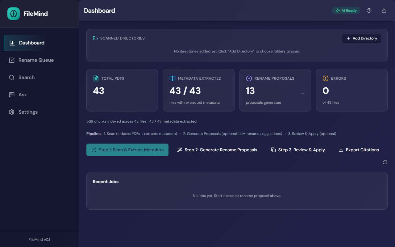 FileMind dashboard showing library stats, metadata extraction, and rename pipeline