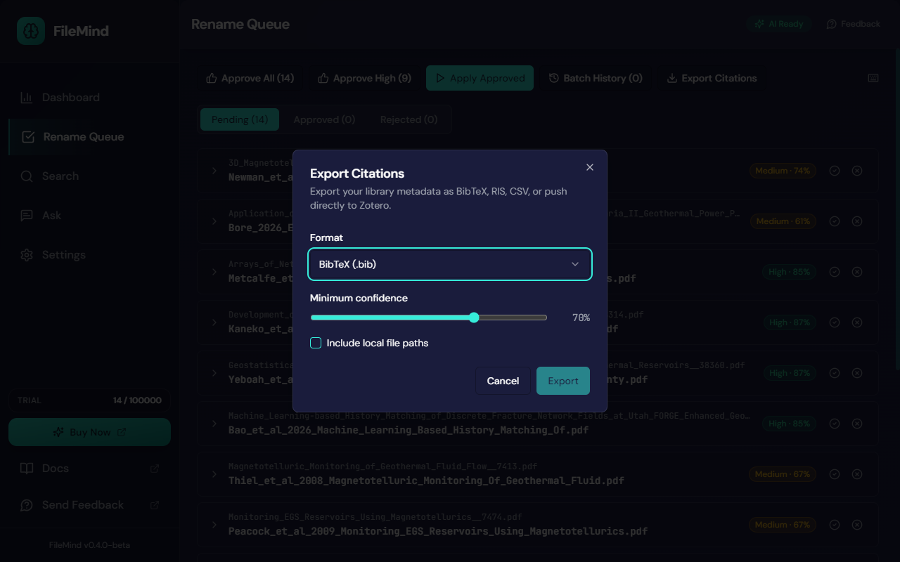 The Export Citations dialog over the Rename Queue: a Format dropdown set to BibTeX, a Minimum confidence slider at 70%, and an Include local file paths checkbox