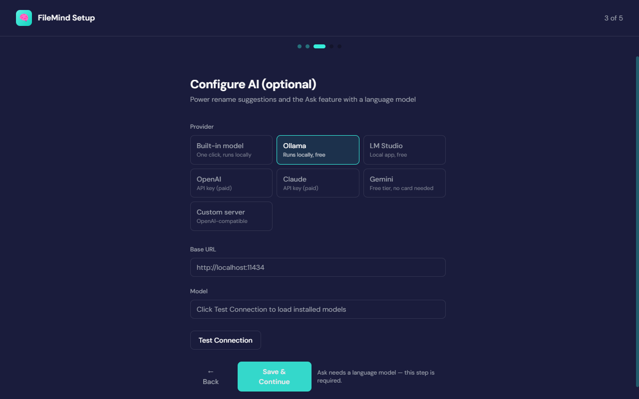 First-Run Setup Wizard — FileMind app screenshot