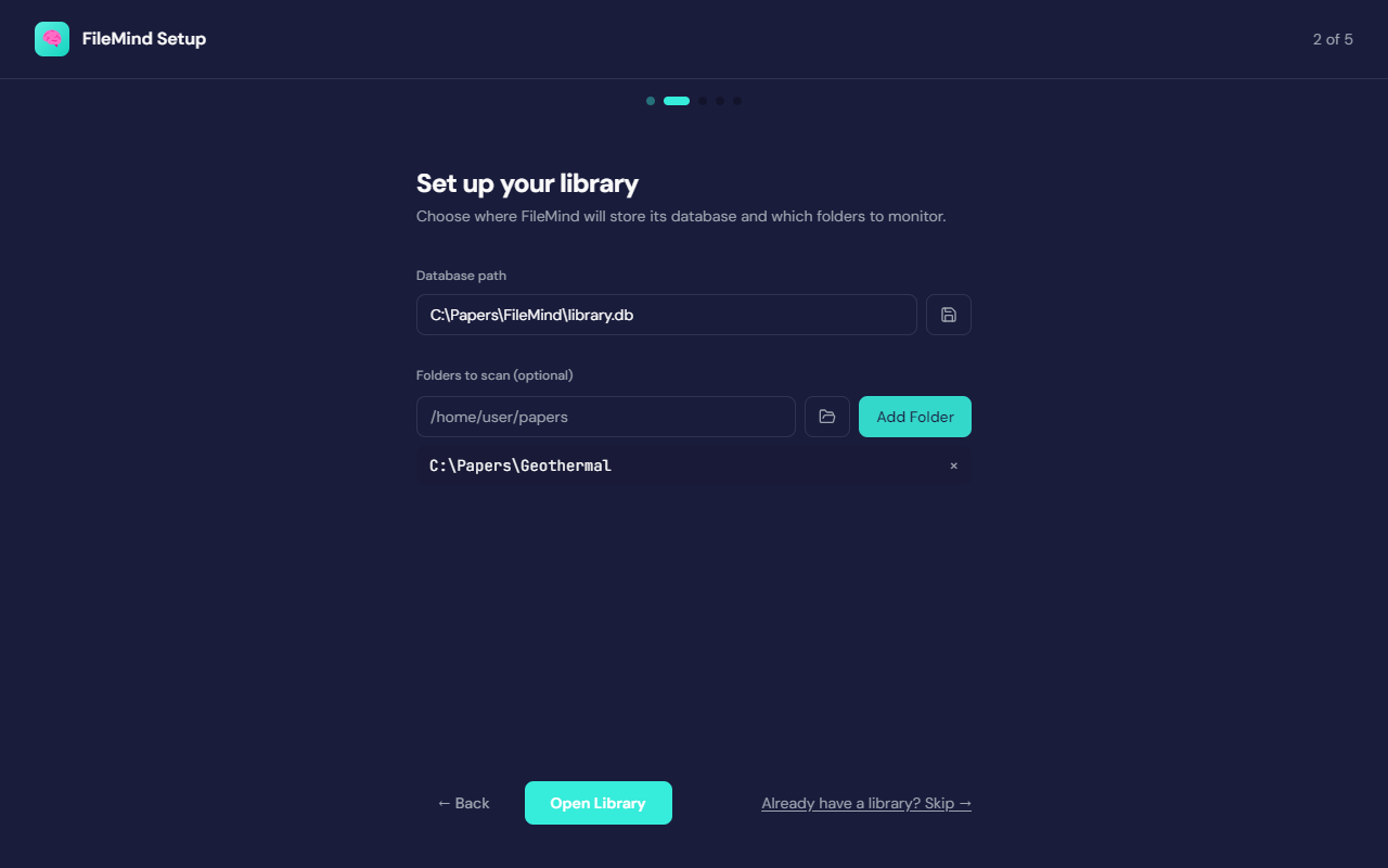 Setup wizard step 2: database path field and a list of folders to scan with an Add Folder button