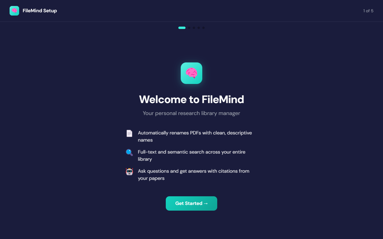 The FileMind setup wizard welcome screen, step 1 of 5