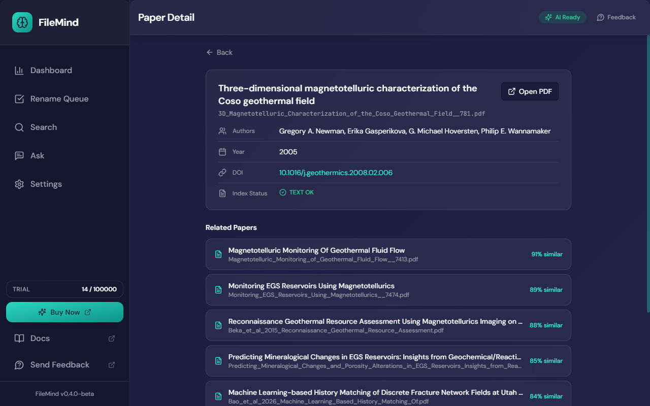 A paper detail page with title, filename, authors, year, DOI, index status, an Open PDF button, and a Related Papers list with similarity percentages