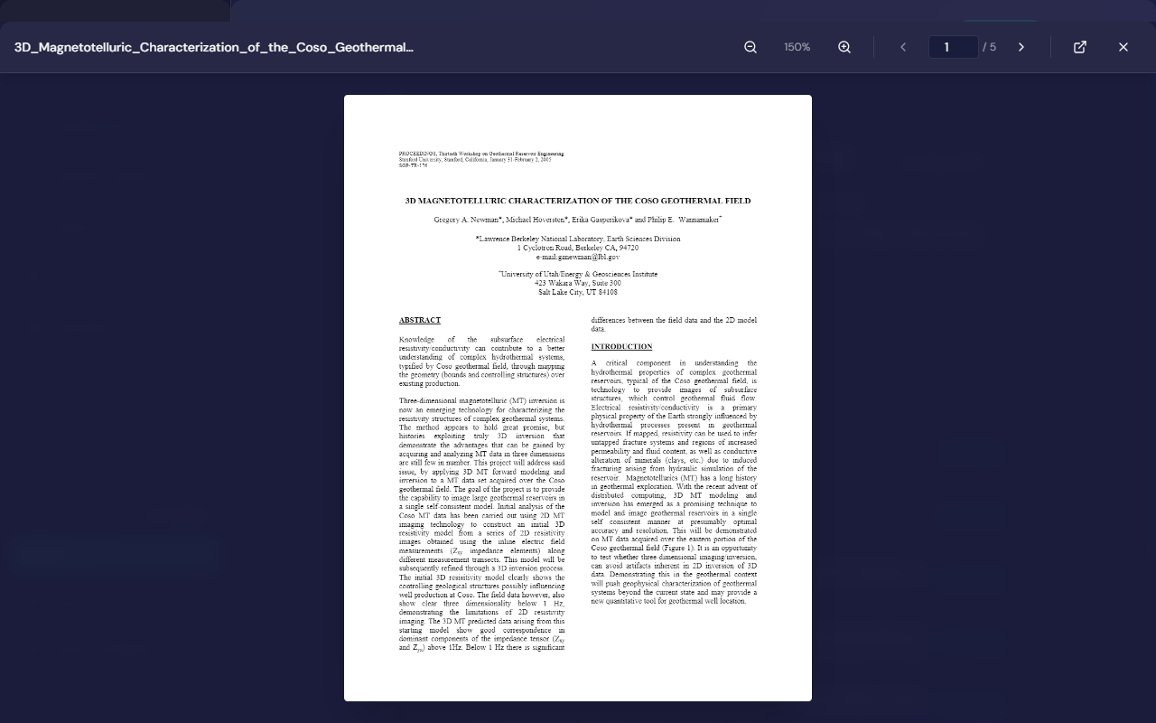 The built-in PDF viewer showing page 1 of 5 of a paper at 150% zoom, with zoom, page navigation, open-in-system-viewer and close controls