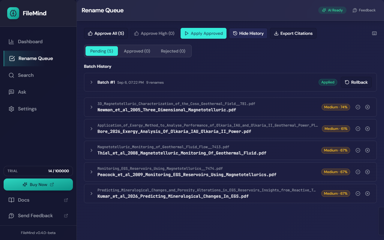 Batch History showing Batch #1 with 9 renames marked Applied and a Rollback button, above the remaining pending proposals