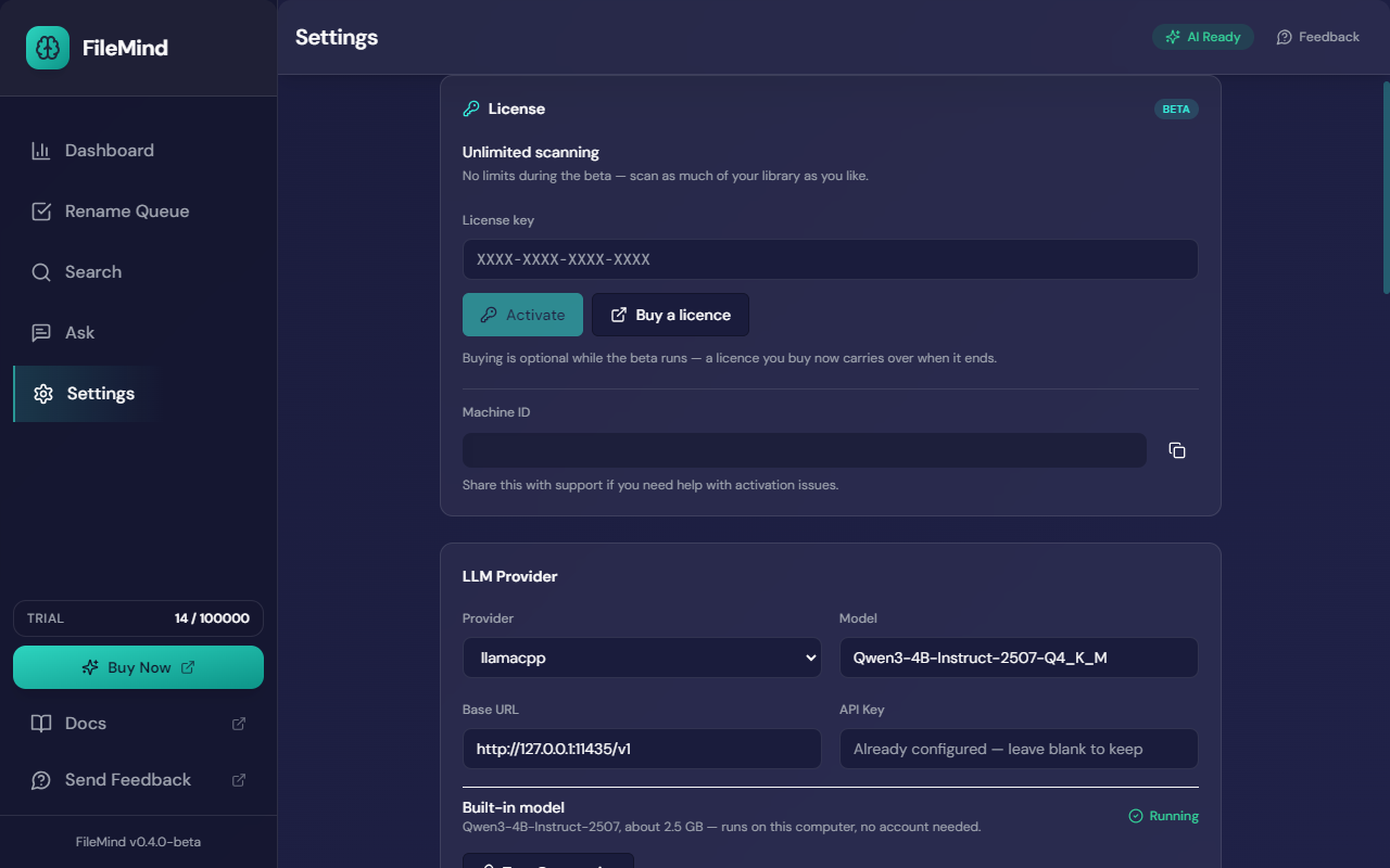 The License card in Settings during the beta: 'Unlimited scanning — no limits during the beta', a license key field, Activate and Buy a licence buttons