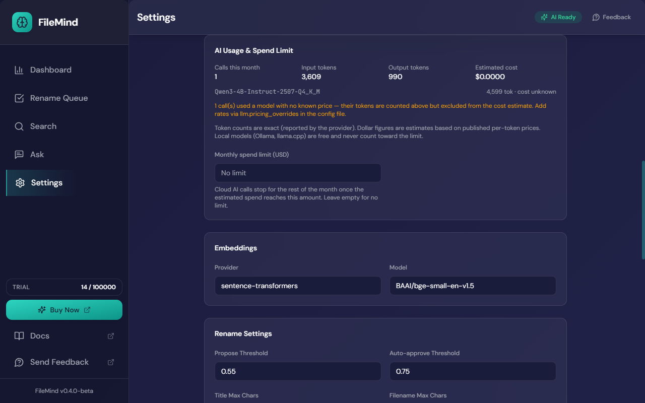 Settings → AI Usage & Spend Limit showing calls, tokens, estimated cost and a monthly limit field, above the Embeddings and Rename Settings cards
